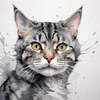 Abstract Sketch of a Grey Tabby Domestic Shorthair Cat with Striped Fur and Watchful Eyes