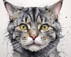 Abstract Sketch of a Grey Tabby Domestic Shorthair Cat with Striped Fur and Watchful Eyes