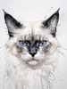 Sketchy Illustration of White Siamese Cat with Striking Eyes