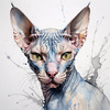 Abstract Sketch of Sphynx Cat Face with Expressive Eyes and Wrinkled Skin