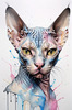 Abstract Sketch of Sphynx Cat Face with Expressive Eyes and Wrinkled Skin