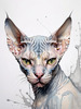 Abstract Sketch of Sphynx Cat Face with Expressive Eyes and Wrinkled Skin