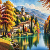 Realistic Landscape Printable Art of Italian Monastery Overlooking Lake in Autumn