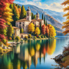Realistic Landscape Printable Art of Italian Monastery Overlooking Lake in Autumn