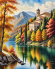Realistic Landscape Printable Art of Italian Monastery Overlooking Lake in Autumn