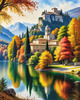 Realistic Landscape Printable Art of Italian Monastery Overlooking Lake in Autumn
