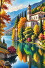 Realistic Landscape Printable Art of Italian Monastery Overlooking Lake in Autumn