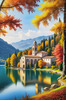 Realistic Landscape Printable Art of Italian Monastery Overlooking Lake in Autumn