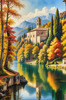 Realistic Landscape Printable Art of Italian Monastery Overlooking Lake in Autumn