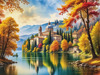Realistic Landscape Printable Art of Italian Monastery Overlooking Lake in Autumn