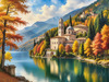 Realistic Landscape Printable Art of Italian Monastery Overlooking Lake in Autumn