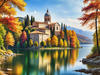 Realistic Landscape Printable Art of Italian Monastery Overlooking Lake in Autumn