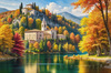 Realistic Landscape Printable Art of Italian Monastery Overlooking Lake in Autumn