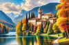 Realistic Landscape Printable Art of Italian Monastery Overlooking Lake in Autumn