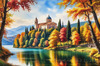 Realistic Landscape Printable Art of Italian Monastery Overlooking Lake in Autumn