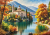 Realistic Landscape Printable Art of Italian Monastery Overlooking Lake in Autumn