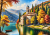 Realistic Landscape Printable Art of Italian Monastery Overlooking Lake in Autumn