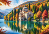 Realistic Landscape Printable Art of Italian Monastery Overlooking Lake in Autumn