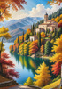 Realistic Landscape Printable Art of Italian Monastery Overlooking Lake in Autumn