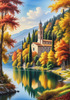 Realistic Landscape Printable Art of Italian Monastery Overlooking Lake in Autumn