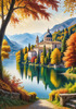 Realistic Landscape Printable Art of Italian Monastery Overlooking Lake in Autumn
