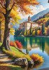 Realistic Landscape Printable Art of Italian Monastery Overlooking Lake in Autumn