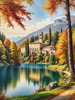 Realistic Landscape Printable Art of Italian Monastery Overlooking Lake in Autumn