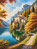 Realistic Landscape Printable Art of Italian Monastery Overlooking Lake in Autumn