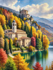 Realistic Landscape Printable Art of Italian Monastery Overlooking Lake in Autumn