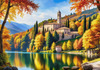 Realistic Landscape Printable Art of Italian Monastery Overlooking Lake in Autumn