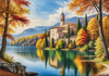 Realistic Landscape Printable Art of Italian Monastery Overlooking Lake in Autumn
