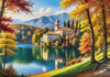 Realistic Landscape Printable Art of Italian Monastery Overlooking Lake in Autumn