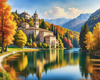 Realistic Landscape Printable Art of Italian Monastery Overlooking Lake in Autumn