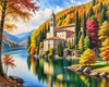 Realistic Landscape Printable Art of Italian Monastery Overlooking Lake in Autumn