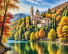 Realistic Landscape Printable Art of Italian Monastery Overlooking Lake in Autumn