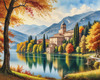 Realistic Landscape Printable Art of Italian Monastery Overlooking Lake in Autumn