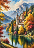 Realistic Landscape Printable Art of Italian Monastery Overlooking Lake in Autumn