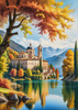 Realistic Landscape Printable Art of Italian Monastery Overlooking Lake in Autumn