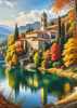 Realistic Landscape Printable Art of Italian Monastery Overlooking Lake in Autumn