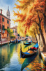 Realistic Autumn Italian Village Landscape with Gondola on Water