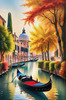 Realistic Autumn Italian Village Landscape with Gondola on Water