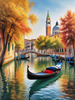 Realistic Autumn Italian Village Landscape with Gondola on Water