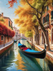Realistic Autumn Italian Village Landscape with Gondola on Water