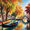 Realistic Autumn Italian Village Landscape with Gondola on Water