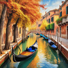 Realistic Autumn Italian Village Landscape with Gondola on Water