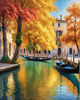 Realistic Autumn Italian Village Landscape with Gondola on Water