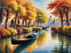 Realistic Autumn Italian Village Landscape with Gondola on Water