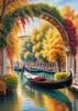 Realistic Autumn Italian Village Landscape with Gondola on Water