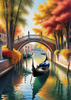 Realistic Autumn Italian Village Landscape with Gondola on Water