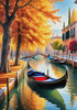 Realistic Autumn Italian Village Landscape with Gondola on Water